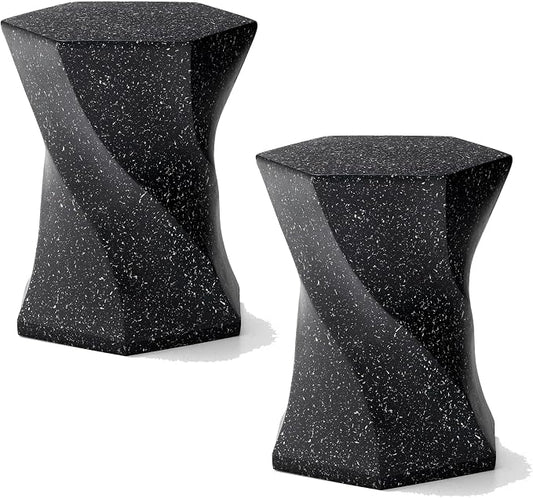 Glitzhome Outdoor Side Table Set of 2, 17.75" H Decorative Garden Stool MGO Twist Faux Terrazzo End Table, Round Planter Stand for Indoor Outdoor Living Room Bedroom Patio Deck Poolside, Black
