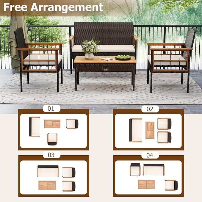 HAPPYGRILL Patio Furniture Set Outdoor Rattan Wicker Conversation Set with Acacia Wood Coffee Table, Chairs, Loveseat & Cushions, for Porch, Garden, Backyard, Poolside (8 Pieces)
