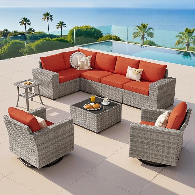 9-Piece Patio Furniture Set, Outdoor Wicker Furniture Sectional Set with Coffee Table, High Back Swivel Rocker Patio Chairs, Modern Rattan Outdoor Conversation Set for Porch, Balcony, Orange-Red