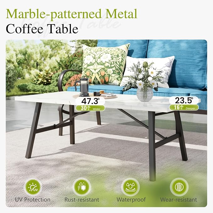 Sophia & William Patio Furniture Sets 5 Seats Outdoor Metal Conversation Sets with 2 x Cushioned Swivel Sofa Chairs,1 x 3-Seat Sofa, 1x Marbling Metal Coffee Table Lawn Backyard Poolside Peacock Blue