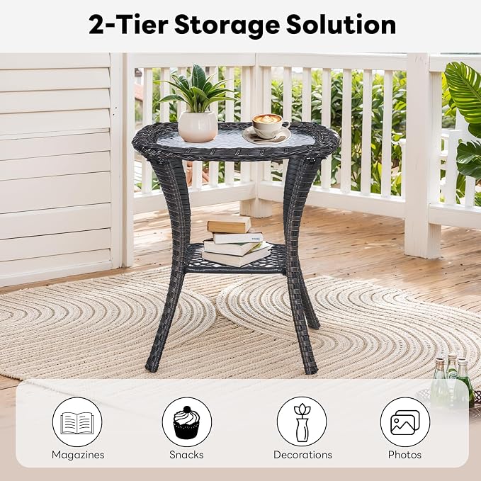 Belord Small Outdoor Side Table - Tempered Glass Wicker Table, Waterproof Patio Coffee Table Rattan End Table with Storage, Brown