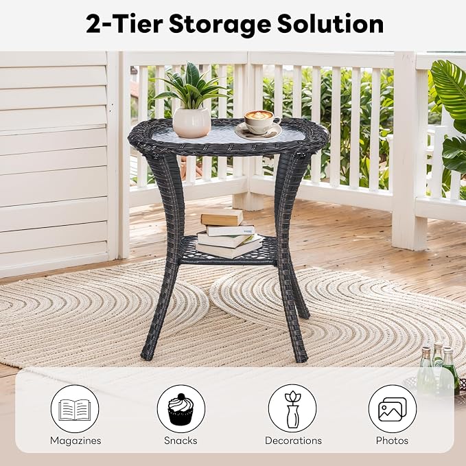 Belord Outdoor Furniture Set Patio Wicker Chairs, 3 Peices Porch Rattan Furniture with Side Table, Deep Seating Patio Bistro Chair Sets (Beige Cushion)