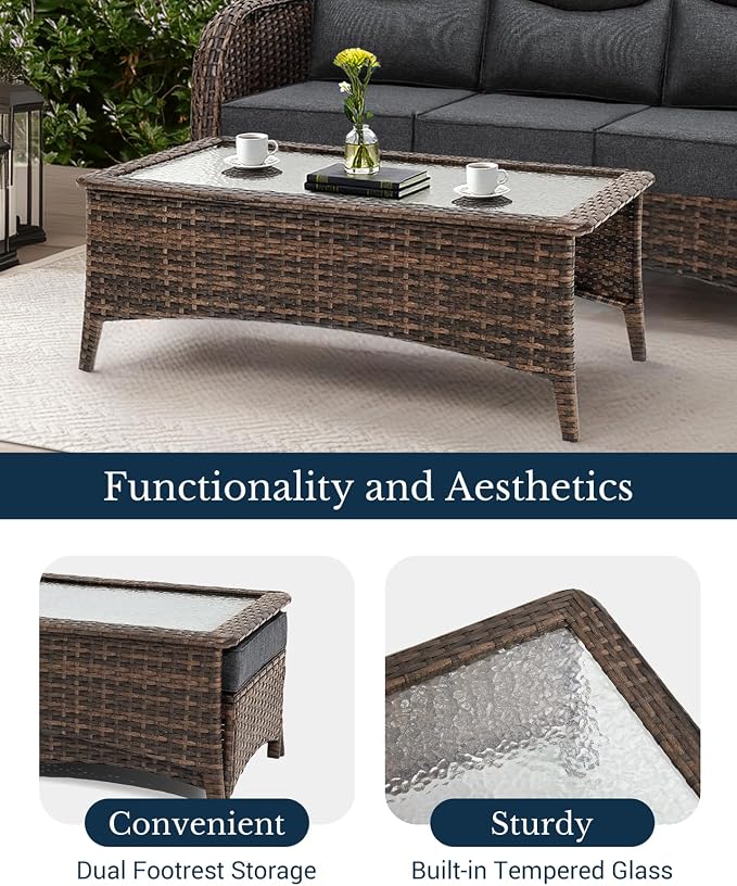 HILLGA Luxury High Back Patio Furniture Set with 6-Inch Thick Cushion, 6-Piece Outdoor Conversation Set with Sofa, Swivel Rocker Chairs & Ottomans, Ideal for Porch Pool Deck Yard (Dark Grey)