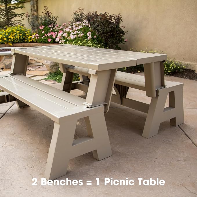 Convert-a-Bench Gen 1 2-in-1 Outdoor Convertible Bench to Picnic Table | Space-Saving, Weather-Resistant Patio Furniture for Yard, Deck, Garden | Easy Assembly & Durable Design - 1 Bench/Order, Adobe