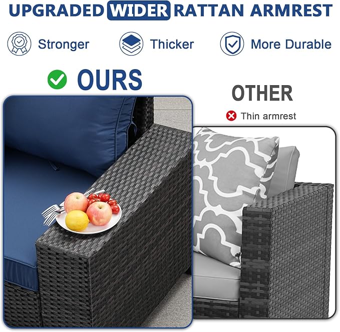 JOYURE 5 Pieces Patio Furniture Set, Outdoor Sofa with Waterproof Cushions, Rattan L Shaped Patio Couch & Coffee Table, Modern Outdoor Furniture for Backyard, Deck, Balcony – Navy