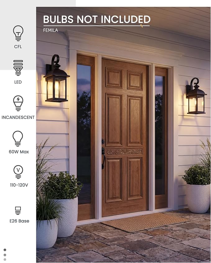 FEMILA Outdoor Wall Sconce, 21" Large Outdoor Wall Lantern Porch Lights for Entryway, Patio, Garage, Doorway, Anti-Rust Waterproof, UL Listed, 4FD54B2 BK