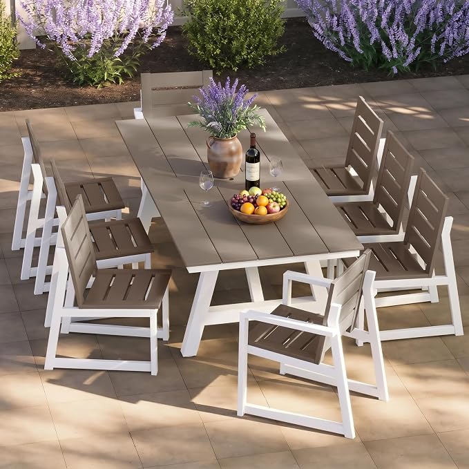 Costaelm Rectangle Patio Table, 8-Person Backyard Table 90" HDPE Dining Table with Umbrella Hole and Metal Frame for Outside, Garden, Poolside, Deck, Porch, Balcony, Weathered Wood