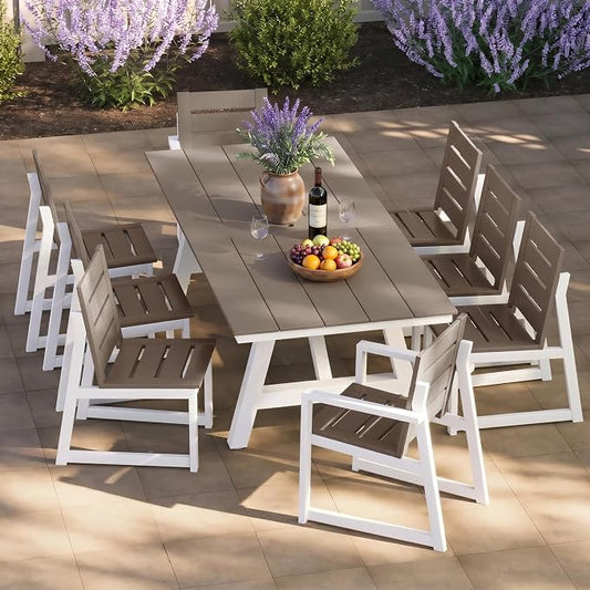 Costaelm Stinson 9-Piece Outdoor HDPE Patio Dining Table Set with Umbrella Hole & Dining Chairs for 8, Weathered Wood