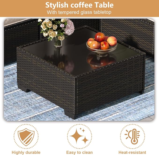 JOYURE 6 Pieces Patio Furniture Set, Outdoor Sofa with Waterproof Cushions, Rattan L Shaped Patio Couch & Coffee Table, Modern Outdoor Furniture for Backyard, Deck, Balcony – Beige