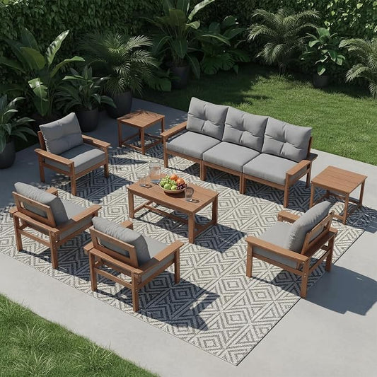 HDPE 7 Piece Patio Furniture Set, All-Weather Outdoor Couch Set with Thick Cushions & Coffee Table & Side Table, Patio Conversation Sets for Lawn, Garden, Porch, Balcony, Deck, Teak & Grey