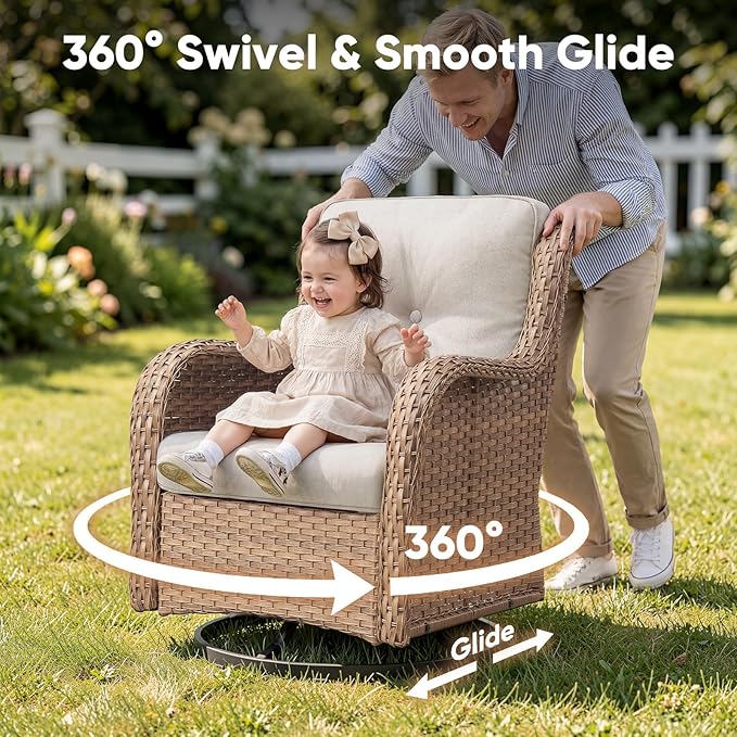 Belord Outdoor Swivel Chairs Set of 2,Patio Wicker Rocker Chairs,All Weather Patio Conversation Furniture Set, Ideal for Porch Balcony Deck Yard, Yellow Wicker/Beige