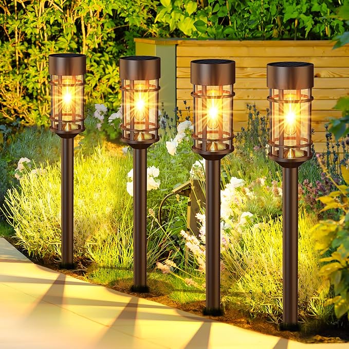 ILANCK Solar Pathway Lights Outdoor Solar Lights 8 Pack Metal & Glass Design - Waterproof Auto On/Off Bright Long-Lasting Garden Landscape Lighting Walkway Driveway