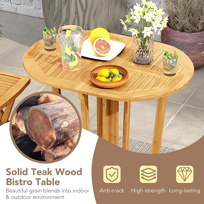 Tangkula Outdoor Teak Wood Bar Table Folding, Patio Bar Height Oval Table with Slatted Tabletop and Cross Base, Pub Height Table for Patio, Porch, Backyard, Poolside