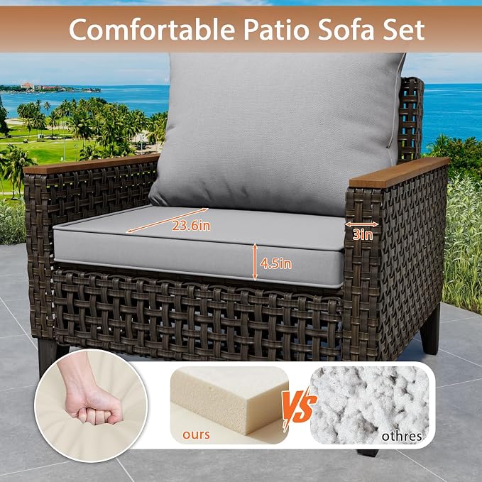 8 Piece Patio Sectional Sofa Set with 50000 BTU Fire Pit Table, All-Weather Wicker Rattan Outdoor Conversation Set, High Back, for Garden, Porch, Poolside, Gray