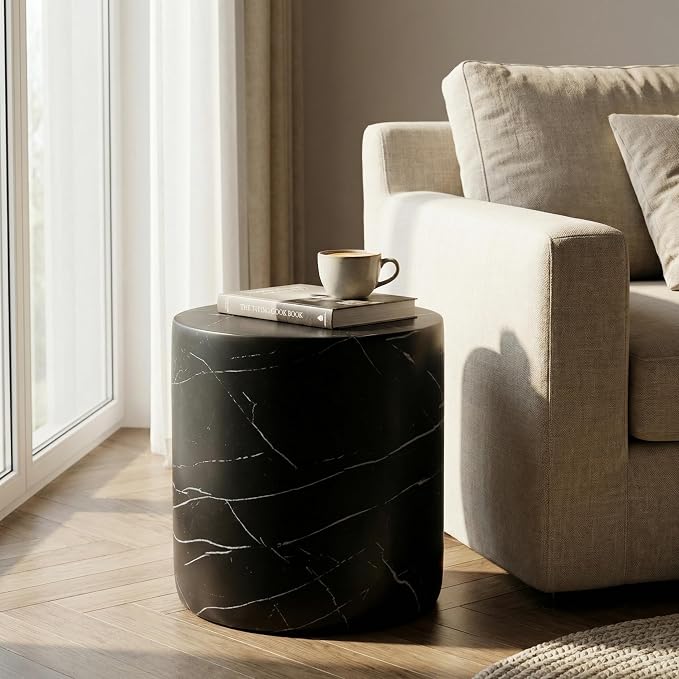 Outdoor Side Table Faux Marble End Table Travertine End Tables Concrete Side Tables Faux Stone Small Coffee Tables for Patio, Garden Stool Plant Stand for Porch Backyard, 15.5"*16"Cylindrical Black