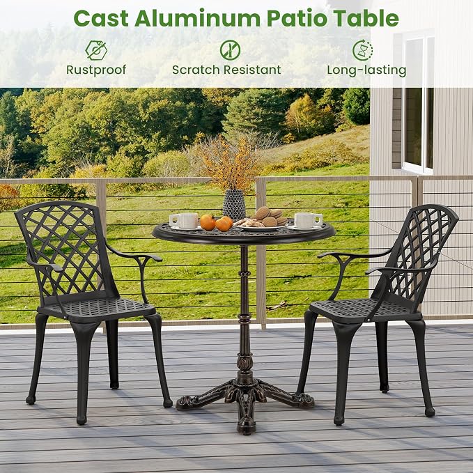 HAPPYGRILL Outdoor Dining Table 27", Cast Aluminum Patio Table with Hollowed-Out Tabletop, Carved Cross Base, Round Outdoor Side Table for Yard, Balcony, Garden, Poolside