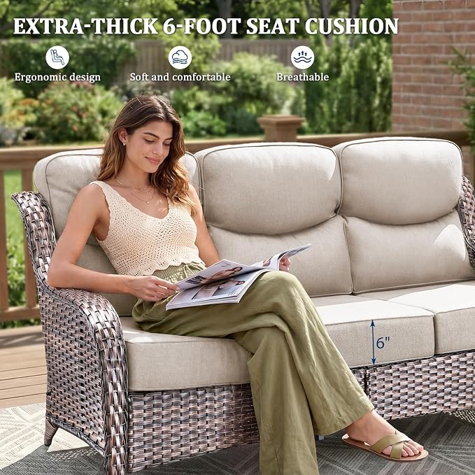 Luxury Swivel Rocker Chairs Fire Pit Set with 6" Thick Cushion 8 piece Wicker Outdoor Patio Chair with Sofa and Side Table,Comfortable High Back Outdoor Patio Furniture Set - Brown | Beige