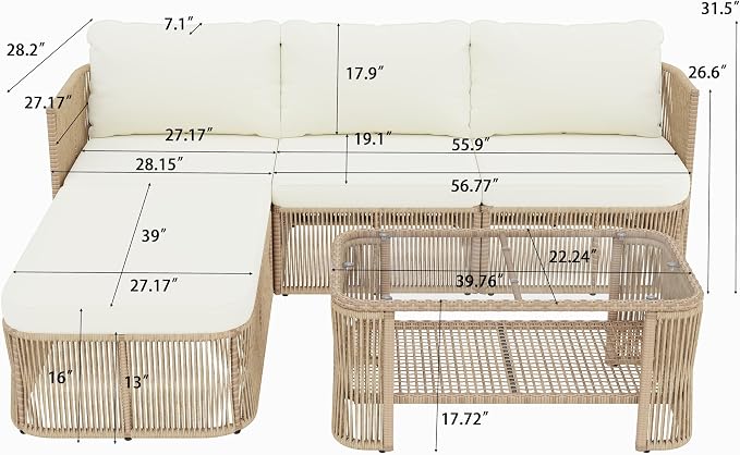 Outdoor PE Rattan Patio Furniture Set Sectional Sofa with Iron Frame, All-Weather Wicker Conversation Set with Thick Cushions and Coffee Table for Garden Backyard Balcony