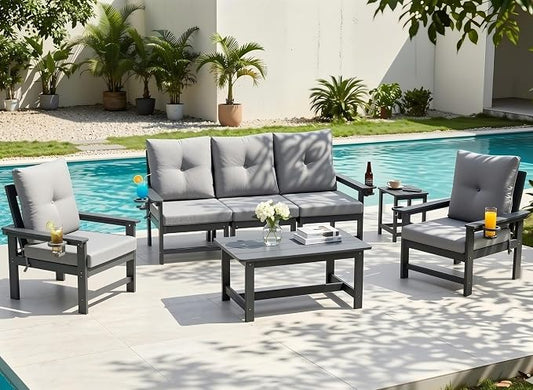 HDPE 7 Piece Patio Furniture Set, Outdoor Sectional Sofa with Coffee Table, Side Table and Seat Cusions, Patio Conversation Set for Party, Backyard, Porch, Deck, Poolside, Grey
