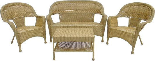 4 Piece Honey Brown Wicker Loveseat Chairs and Table Patio Furniture Set 50"
