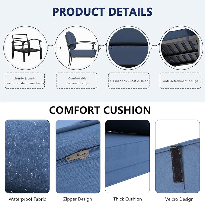 Aluminum Outdoor Patio Furniture Set,4 Pieces 5 Seats Patio Conversation Sets with 45" Propane Fire Pit Table,Metal Patio Sectional Furniture Set with 2 Swivel Rocking Chairs,Navy Blue