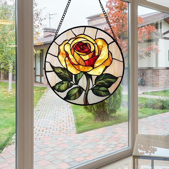 Stained Glass Window Hanging - Elegant Yellow Rose Flower Sun Catcher for Door Garden Home Decor Suncatcher Christmas Mother's Day Birthday Gifts for Women Mom Girl Nana Friend 9.8 in
