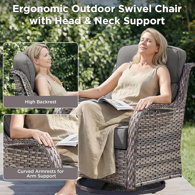 Luxury Patio Furniture Set with Fire Pit Table-10 Pieces All Weather Outdoor Swivel Rocker Chairs with Sofa and Ottomans. Outdoors Patio Conversation Sets for Porch Deck Garden(Grey/Grey)