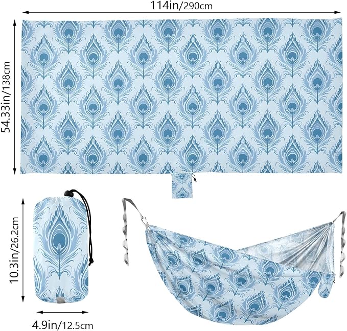 Camping Hammock Outdoor Hammocks for Outside Damask Peacock Feather Beach Trees Portable Lightweight with Pockets Tree Straps Indoor Small
