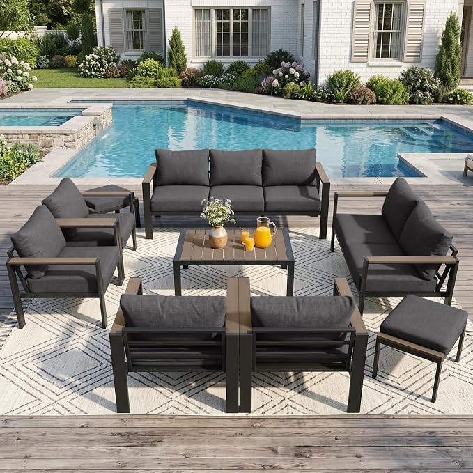 Outdoor Patio Furniture Set 9 Pieces Luxury Aluminum Patio Conversation Set with Coffee Table and 2 Ottoman 11 Seats, Thick Cushions, Large Sectional Sofa for Porch, Balcony, Yard, Dark Gray