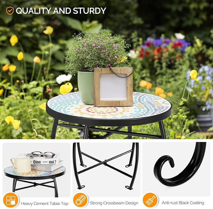 Bonnlo Mosaic Side Table Livingroom Coffee Table Plant Table Outdoor Garden Patio Balcony (Sun)