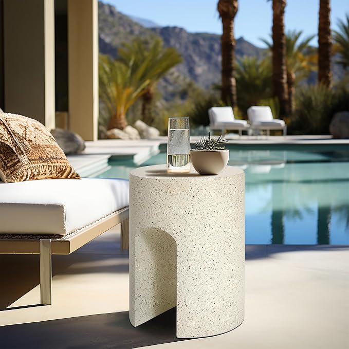 LuxenHome Outdoor Side Table, 18 inch Mod Cream Cement Round with U-Shape Side Table Small Accent Decorative Stool for Garden,Patio, Indoor and Outdoor