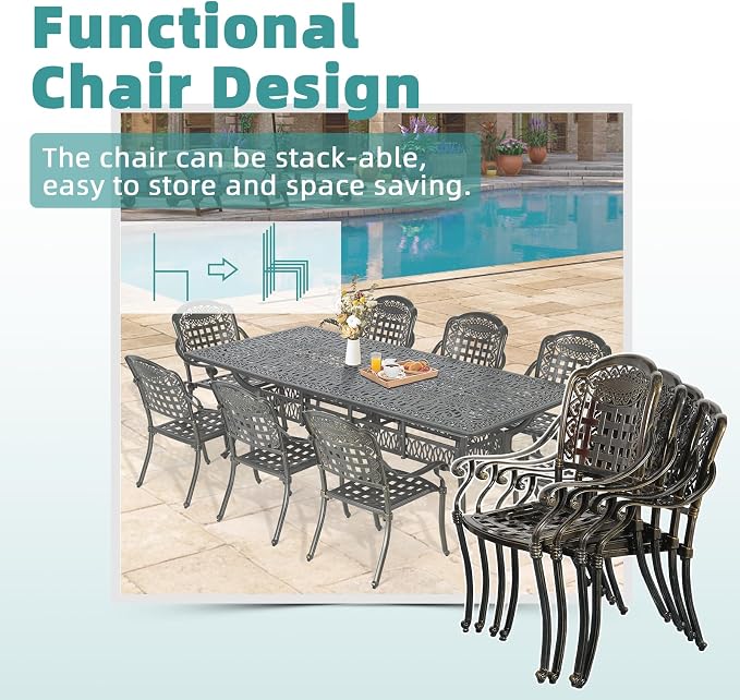 MEETWARM 9-Piece Outdoor Patio Dining Set, All Weather Cast Aluminum Patio Funiture Set for 8-94.5” Rectangular Table with 2" Umbrella Hole and 8 Chairs, Patio Table and Chairs Set, Dark Bronze