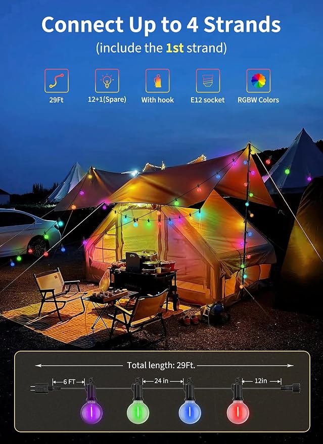 Brightown Outdoor String Lights 29 Feet G40 LED Patio Lights, RGB, Remote | 12 Plastic Edison Bulbs, Timer, Waterproof Connectable Outside Light for Backyard Porch Balcony Party Christmas Decoration