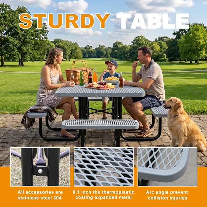 46-Inch Square Metal Outdoor Picnic Table – Commercial Heavy-Duty Steel Dining Table with Thermoplastic Coating, Weather & Rust Resistant, Ideal for Patio, Outside, Garden, Schools (Gray)