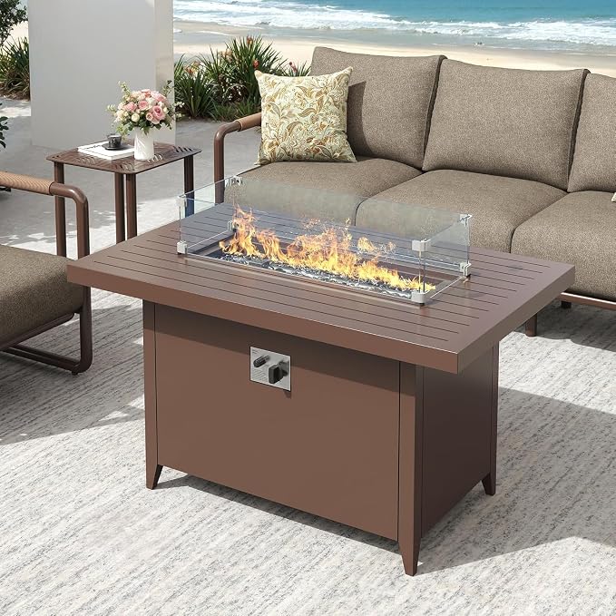 5-Seat Aluminum Patio Conversation Sofa Set with 2 Swivel Rocking Chairs & Oversized Fire Pit Table (Glass Wind Guard), All-Weather for Balcony, Garden, Brown