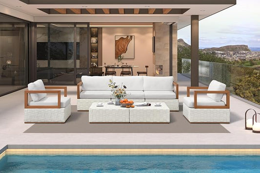 PURPLE LEAF Patio Outdoor Furniture Set 7 Pieces, Premium Leather Outdoor Couch Sectional Sofa, Patio Conversation Sets with Olefin Cushions, Patio Couch for Porch, Balcony, Garden, White
