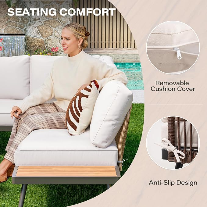 LAUSAINT HOME L-Shaped Outdoor Furniture Set, 6 Pieces PE Rattan Patio Conversation Set, Rustproof Steel Sectional Sofa with Thickened Cushions & Coffee Table for Patio, Garden, Poolside and Balcony