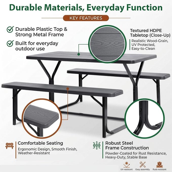 Gray Outdoor Picnic Table Set with Benches, Woodgrain Plastic Patio Dining Table with Metal Frame, Weather-Resistant Picnic Bench Table for Backyard, Patio, Garden, Park, Seats 6