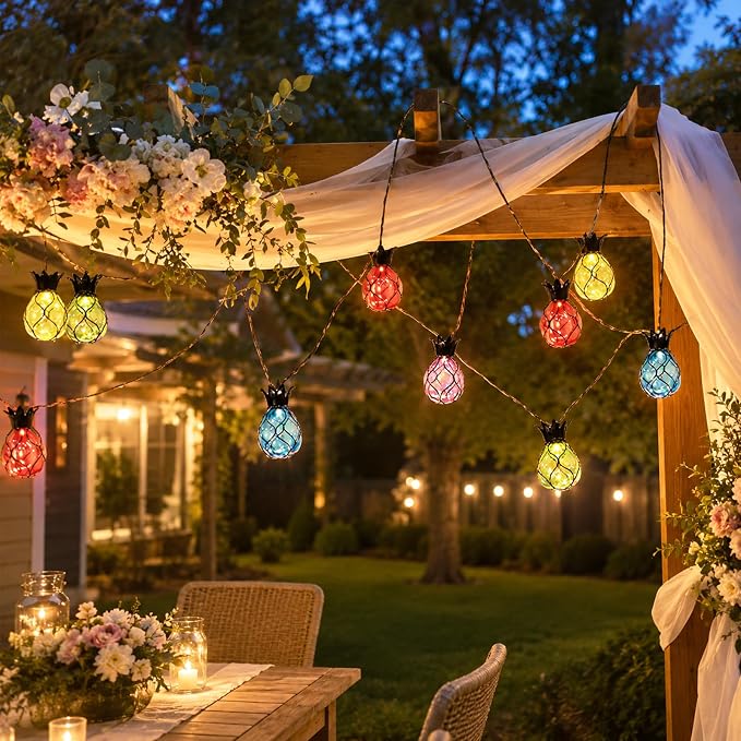 Vigdur Pineapple String Lights, 10FT Multicolor Patio Lights Outdoor | 10 Plastic Pineapple Bulbs, UL Listed, 10 Strands Connectable, Outdoor Hanging Lights for Porch Garden Wedding Party Decor