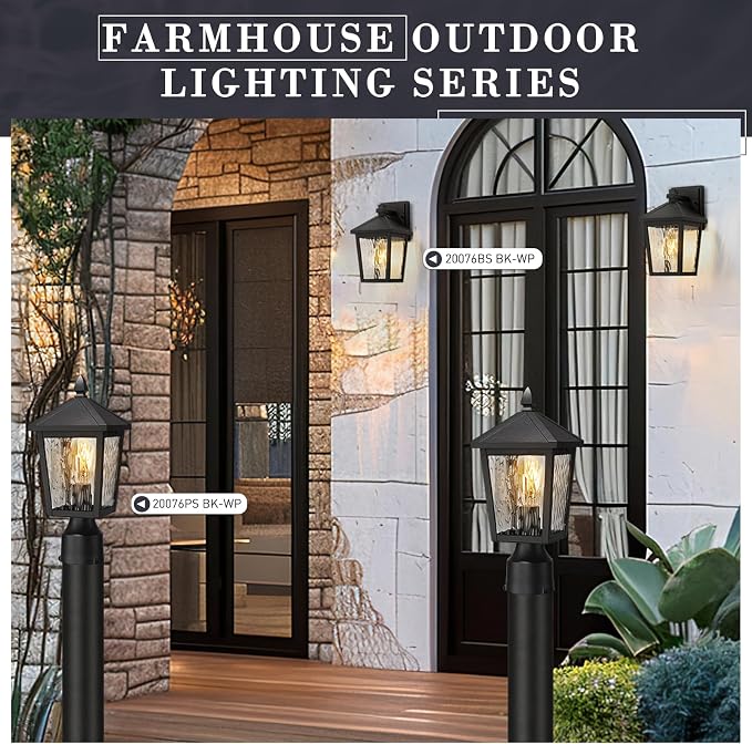 zeyu 13.6 Inch Outdoor Light Fixture for Post, Exterior Post Light Fixtures for Patio, Die-Cast Aluminum with Water Ripple Glass, Black Finish, 20076PS BK-WP