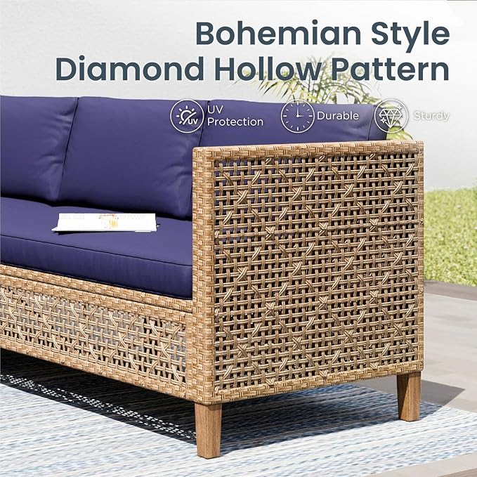 PHI VILLA Wicker Patio Furniture Set, Rattan Patio Sectional Sofa Outdoor Couch Set with Acacia Wood Coffee Table, 7 Pieces U-Shaped Patio Conversation Set for Backyard Porch, Navy Blue Cushion