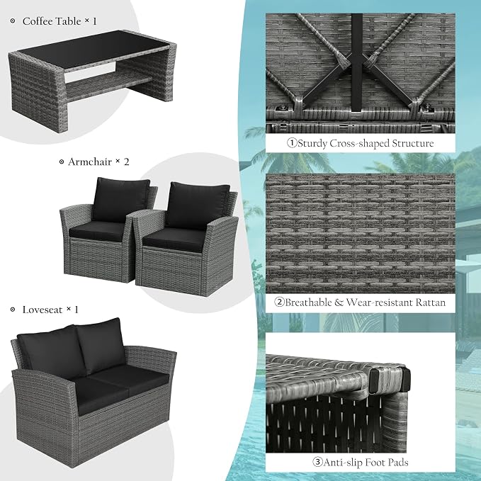 RELAX4LIFE 4 PCS Wicker Patio Furniture Set with Soft Cushions & Tempered Glass Table Outdoor Rattan Sofa Set for Backyard Garden Balcony Poolside Sectional Conversation Couch Set (Black)