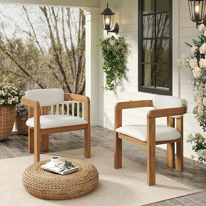 Merax Outdoor Acacia Wood Dining Chairs Set of 2, Modern Solid Wood Patio Chairs with Beige Cushions & Backrest, Outdoor Armchairs Seating Furntiure for Patio Garden Balcony Backyard
