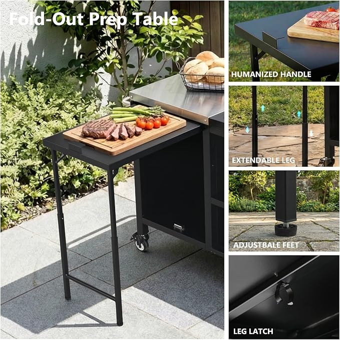 72.4" Large Grill Table for Large Big Green Egg,Metal Outdoor Grill Cart with Fold-out Prep Table,Adjustable Shelves,Spice Rack,Outdoor Kitchen Island for Big Green Egg,Kamado Joe Classic (Black#23)
