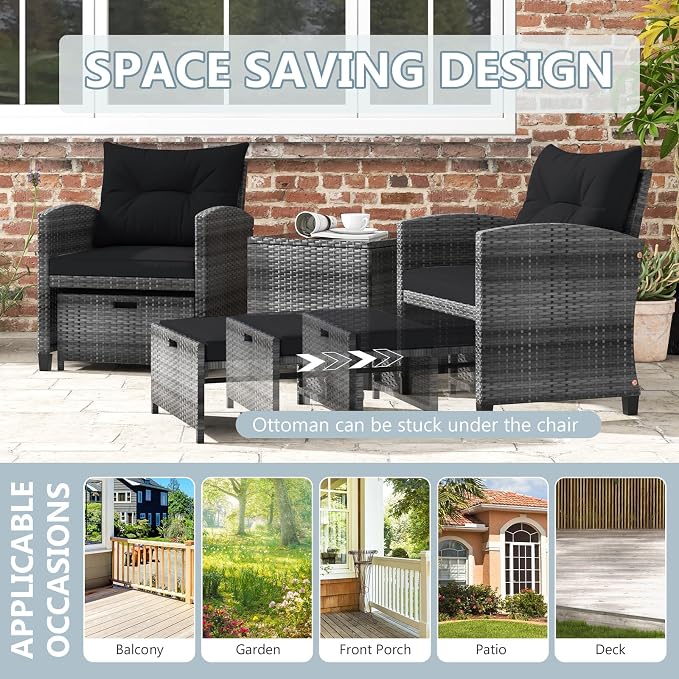 ORALNER 5 Pieces Patio Furniture Set with Ottoman, Wicker Conversation Set w/Cushions, Glass Coffee Table, Outdoor Lounger Rattan Chairs Bistro Set for Porch Balcony Garden Deck Poolside (Black)