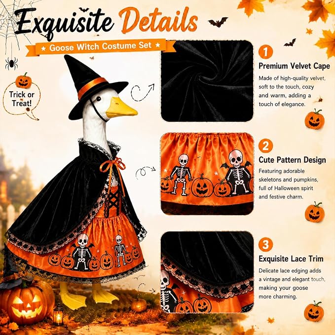 Halloween Porch Goose Outfits 3 Pcs Geese Outfit Outdoor Garden Statue | Ghost Cape Pumpkin Dress Witch Hat Set Cute Gooses Set Goose Clothes for Halloween Patio Yard Decor