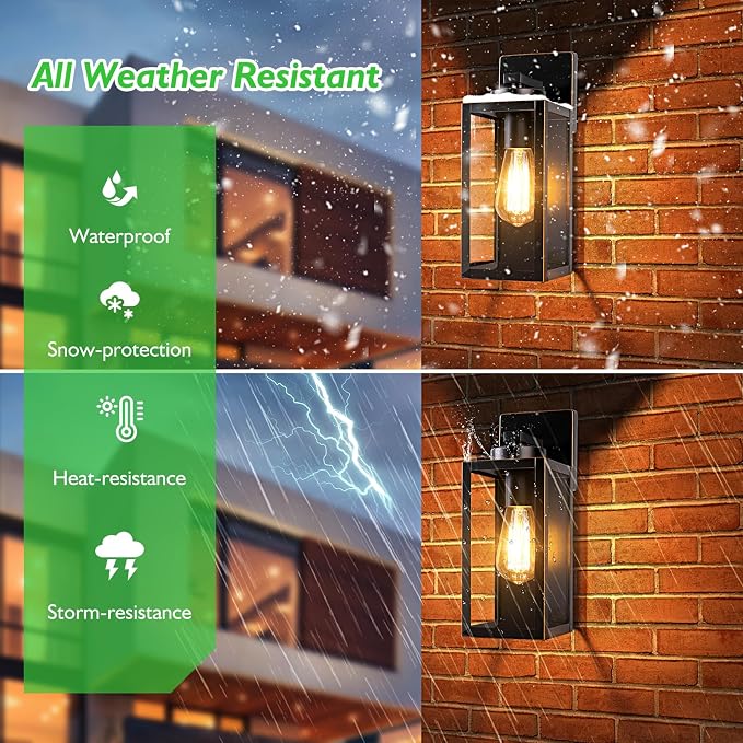 BesLowe Outdoor Wall Light, Modern Porch Sconce, Black with Gold Trim | Waterproof, Rust-Resistant, Durable Metal with Clear Glass, Standard E26 Socket, Easy to Install