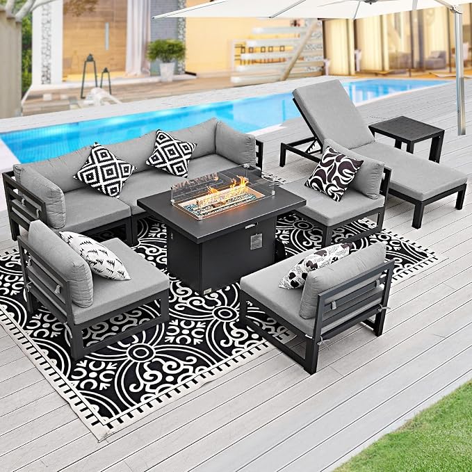 BULEXYARD 9 Piece Large Contemporary Aluminum Outdoor Furniture Set with Sun Bed & Fire Pit Table, 29 inch Deep Couch Set, 500 lbs High Weight Capacity, Patio Sectional Sofa for Poolside, Light Gray