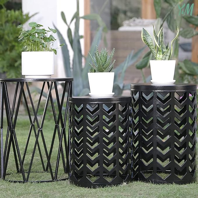 Y&M Outdoor Side Tables Set of 3, Nesting Metal End Coffee Tables, Indoor Round Accent Metal Tables for Patio, Porch, Balcony, Garden, Sunroom, and Living Room, Black