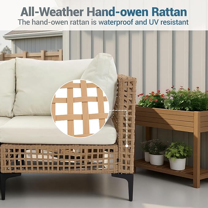 5-Piece Outdoor Wicker Patio Sectional Furniture Set, Beige | 4-Seat, PE rattan, All weather performance, Patio onversation set, for Backyard Porch Poolside Deck,